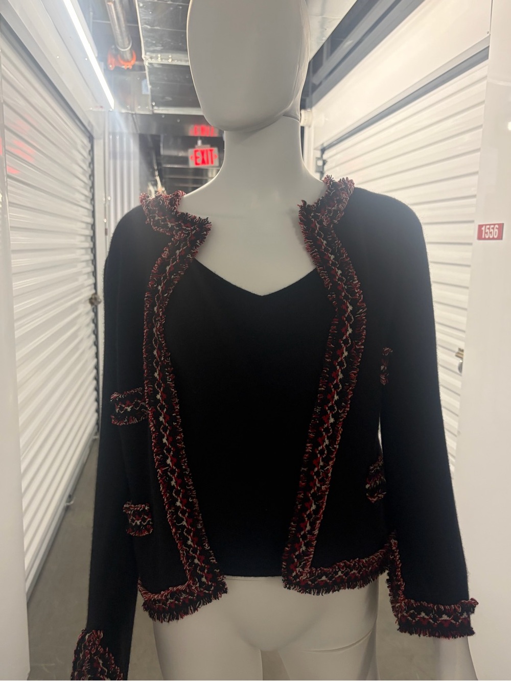 CHANEL BLACK CASHMERE TWEED TRIM CARDIGAN & CAMISOLE TWIN SET SIZE 42
